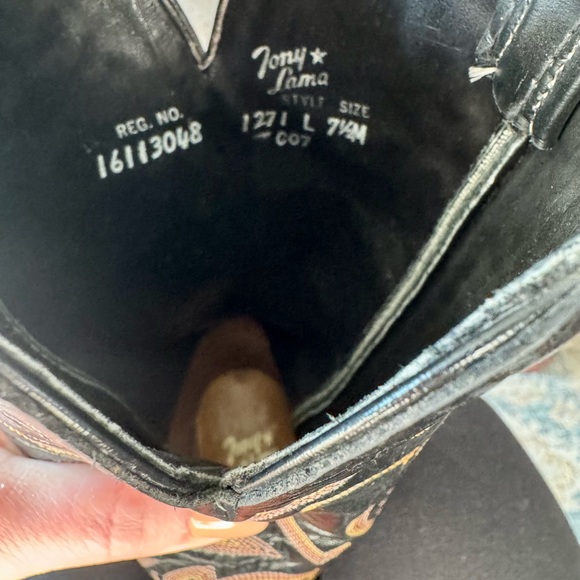 Vintage Tony Lama Exotic Lizard Black and Cognac Western Heeled Boots. - Picture 7 of 12